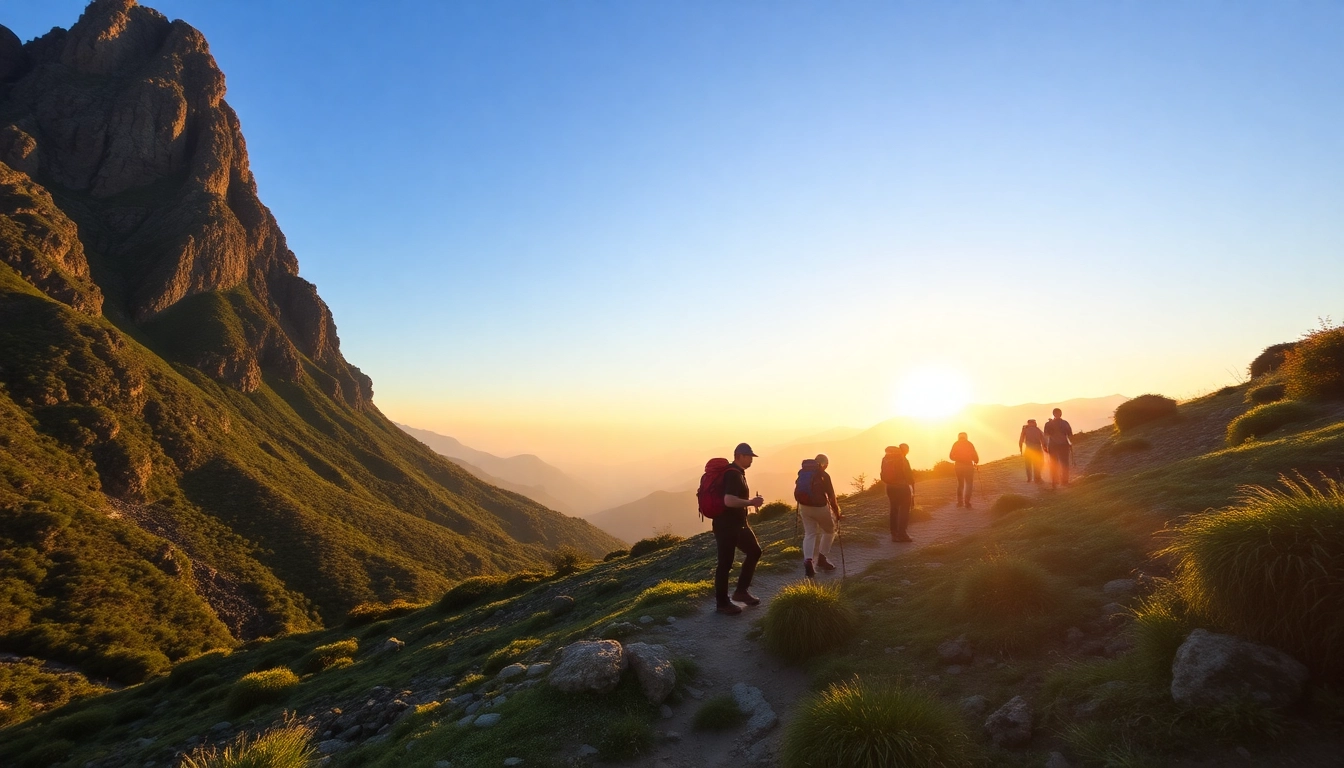 Trekking through rugged mountain terrain with hikers, emphasizing adventure and natural landscapes.