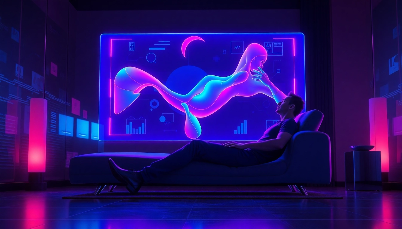 Futuristic scene of a person interacting with a neon-lit AI hologram in a sleek, modern setting.