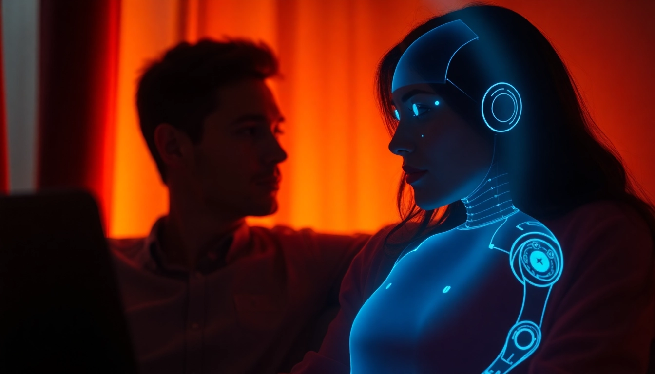 An intimate chat interaction between a user and an AI chatbot in a cozy, softly-lit room.