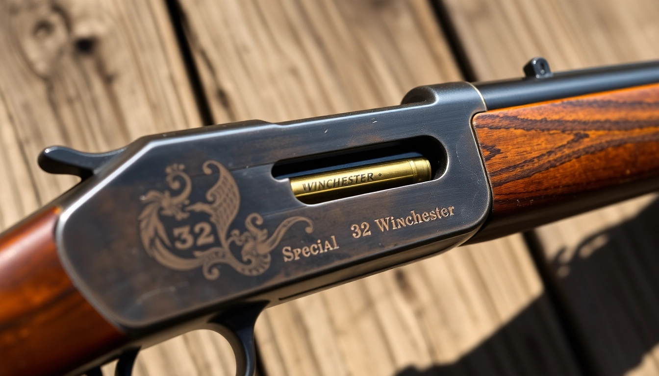 Detailed shot of a 32WIN cartridge next to a classic Winchester rifle in natural light, emphasizing craftsmanship and historical significance.