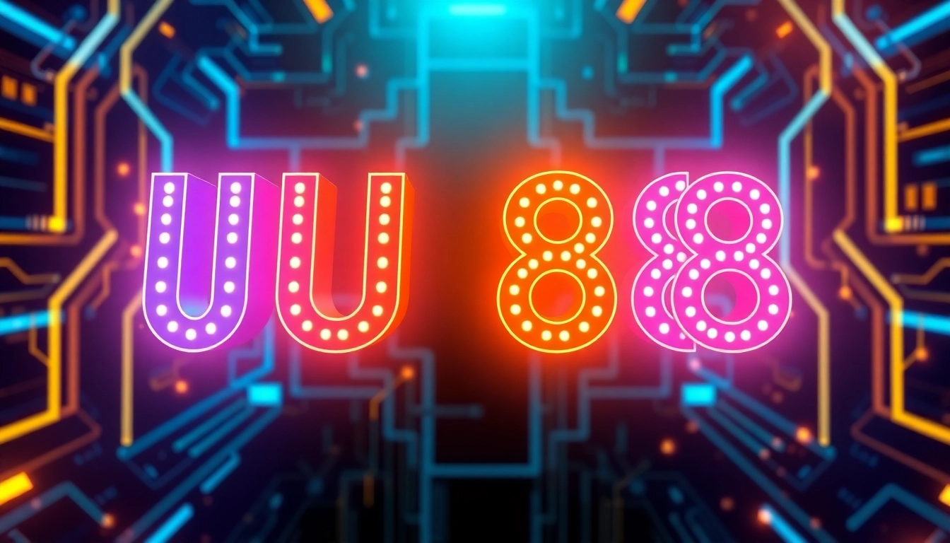Dynamic image showing the UU 88 logo in bold colors, representing online gaming or entertainment with a futuristic design, appealing to digital audiences.