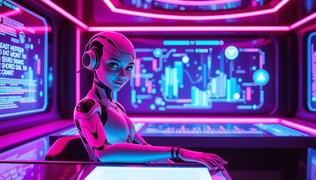 Futuristic AI character engaging in a digital conversation within a neon-lit cyber environment.