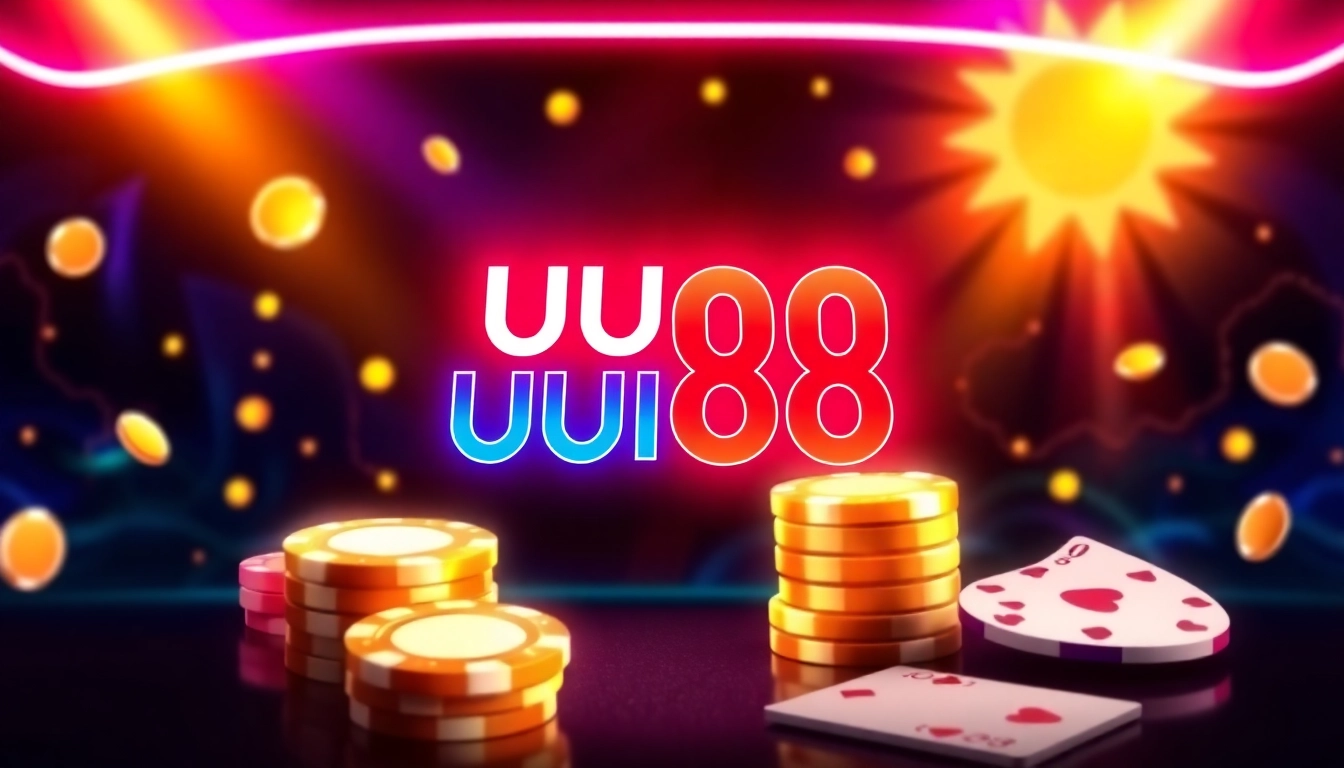 Engaging image of a vibrant online casino featuring the UU88 logo, highlighting secure gaming and fast transactions for real users.