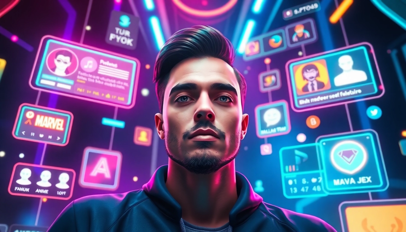 Digital avatar surrounded by holographic social media interfaces with fandom icons and vibrant neon colors.