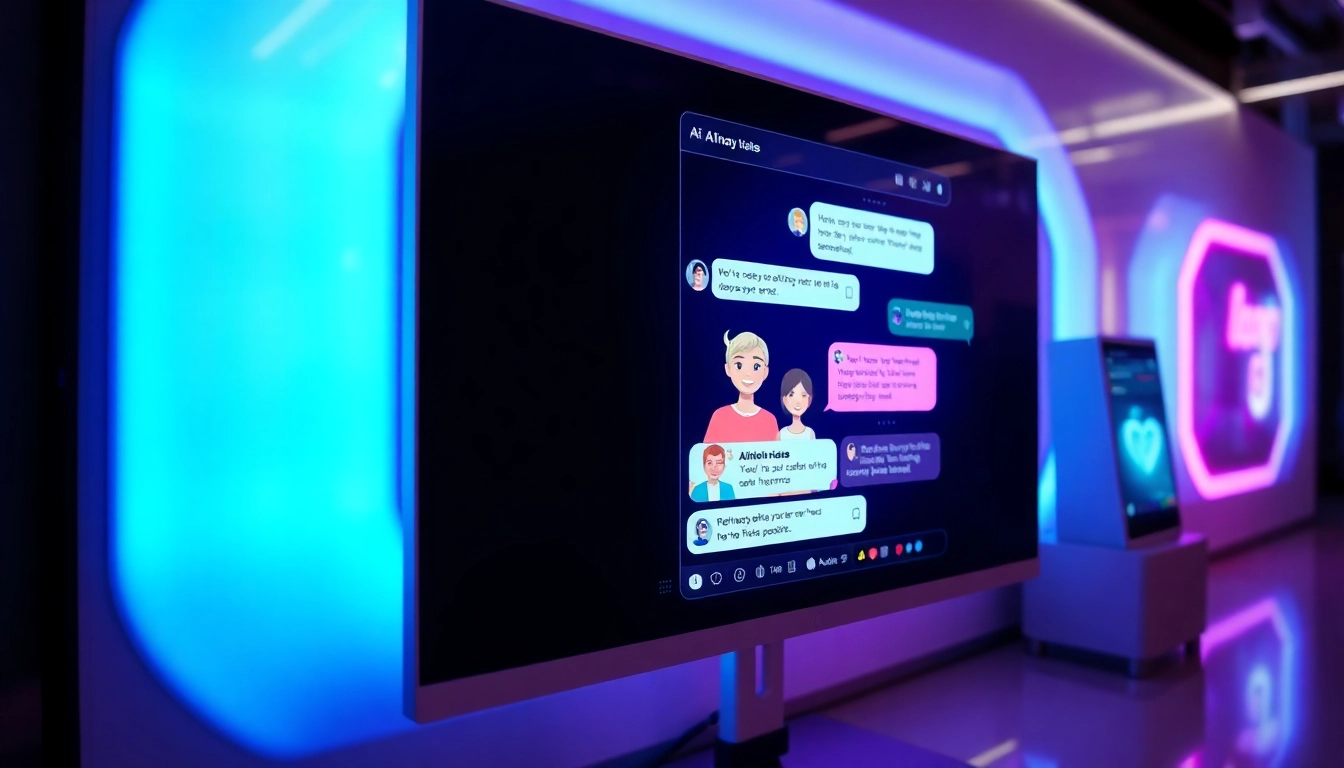 Futuristic digital interface displaying AI chat conversations with customizable characters and vibrant glowing accents.