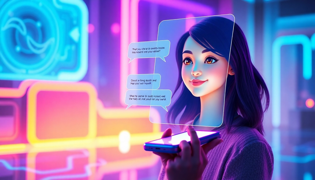 Futuristic scene of a person chatting with a holographic AI girlfriend on a smartphone with neon-lit background