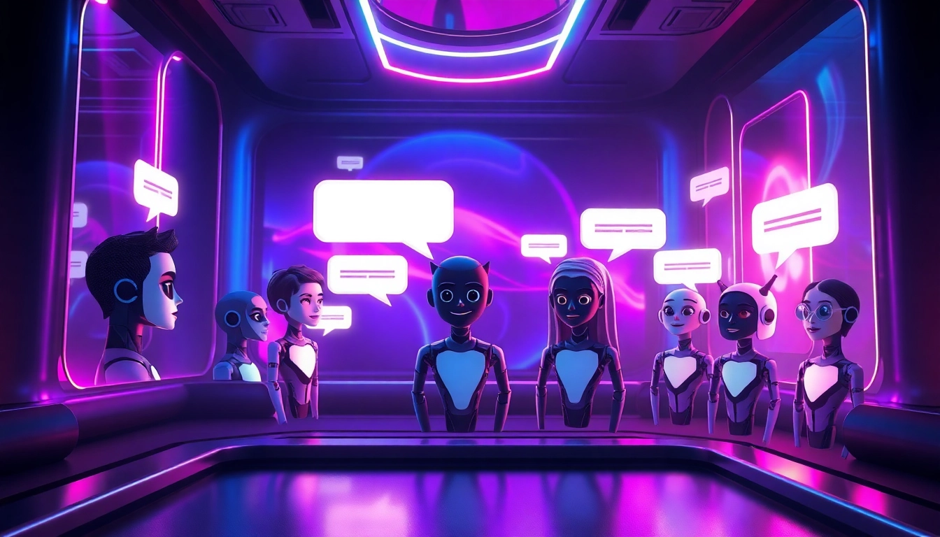 Futuristic AI chat environment with holographic characters and neon lighting