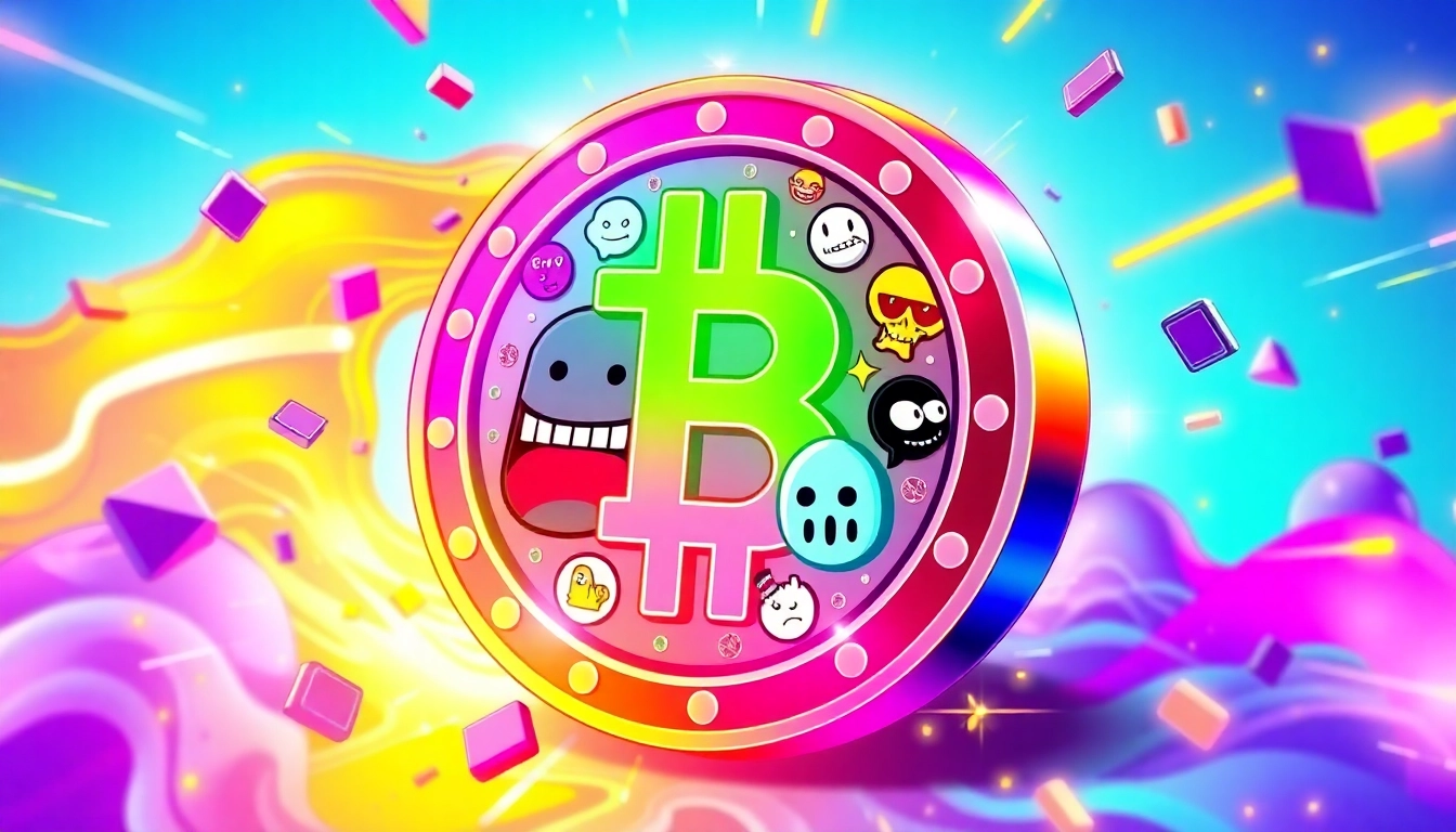Vivid memecoin featuring meme icons in action representing the hype and volatility of memecoin