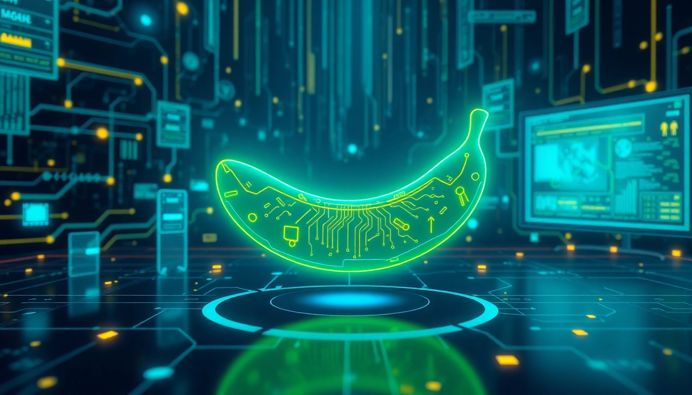 Futuristic AI interface with a digital banana, glowing data streams, and holographic elements in a high-tech environment.