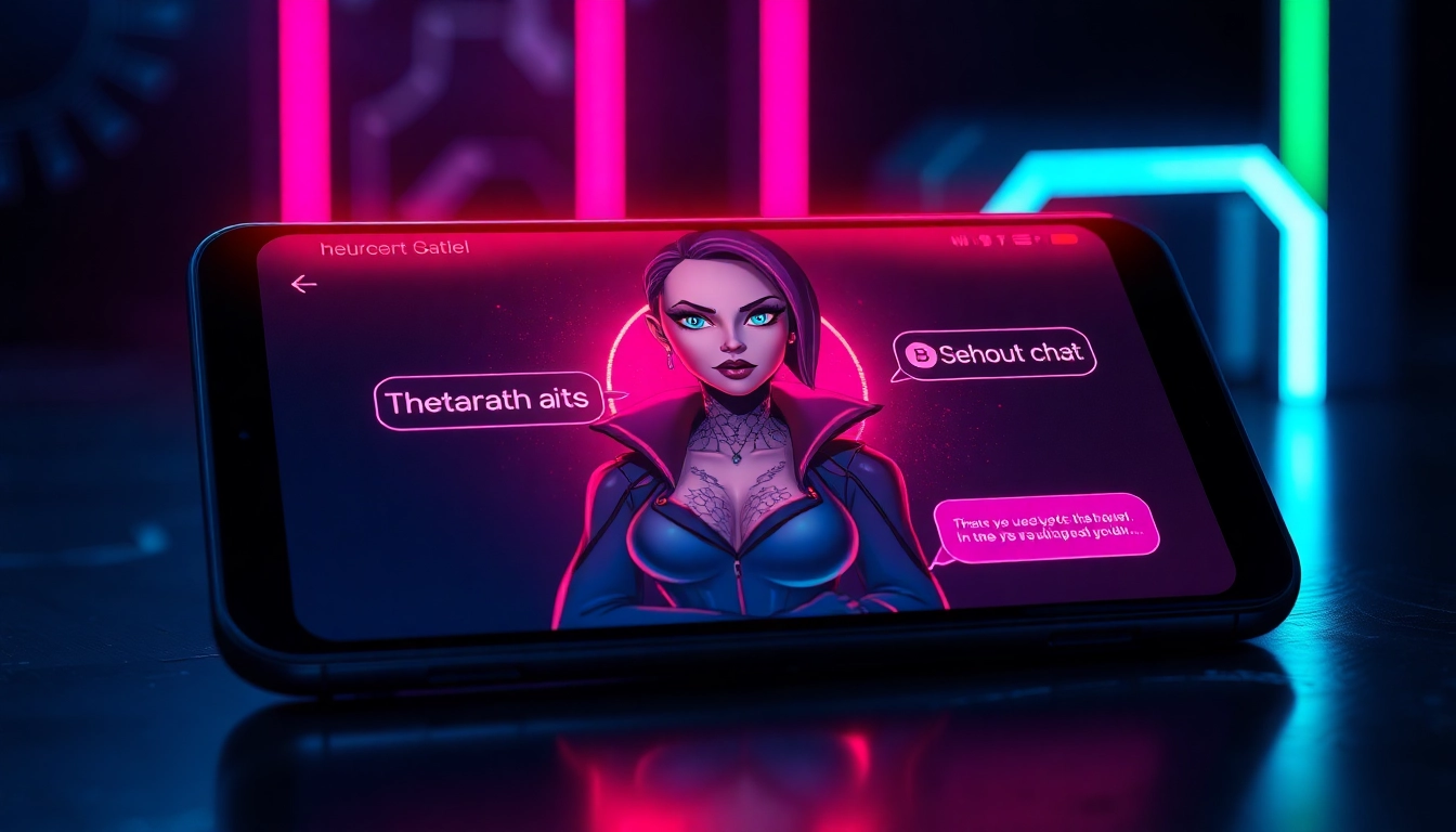 Futuristic AI chatbot interface with an alluring character displayed on a sleek device screen, illuminated by neon lights in a cyberpunk style.