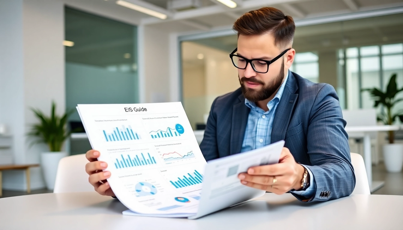 An investor studying an EIS Guide with financial data and charts for smarter investment decisions