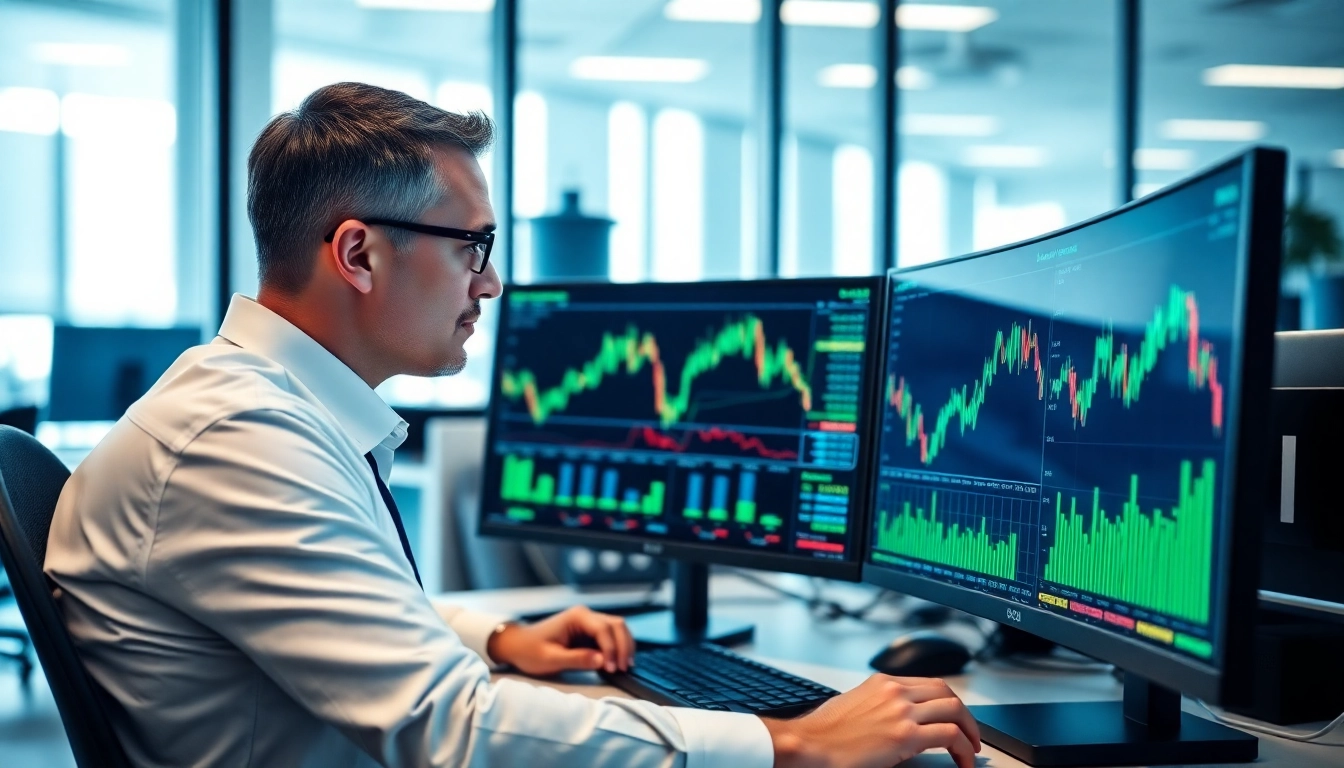 Trading and Investment Reporting insights with financial charts and analyst at work