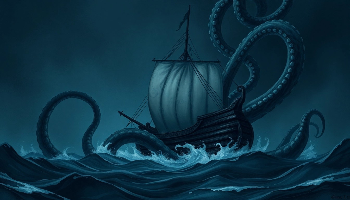 Kra depicted attacking a ship with massive tentacles and glowing eyes in the deep ocean scene