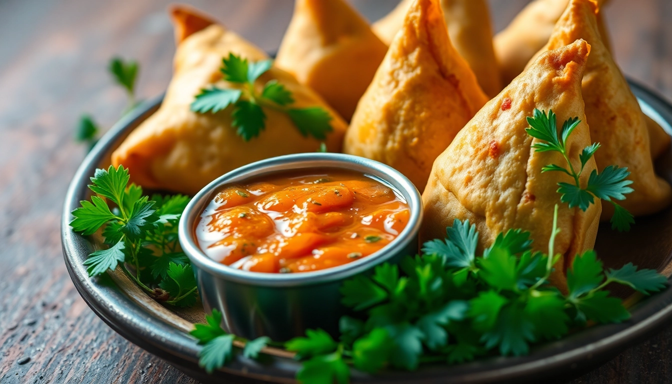 Samosa Chutney served with crispy samosas on a rustic plate, enhancing flavor appeal for food lovers